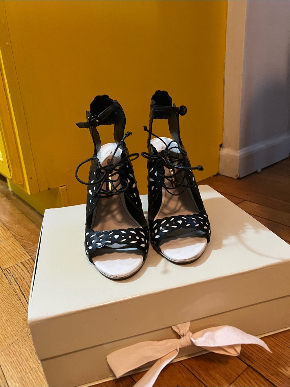 Sophia Webster Black Lace-Up Cutout Heeled Sandals